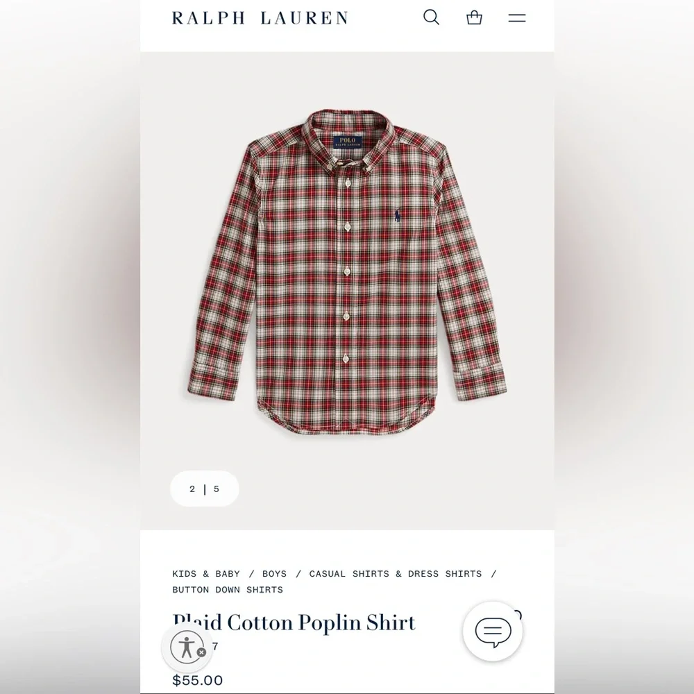 Ralph Lauren Boys' Plaid Cotton Poplin Shirt Toddler Boy 5
